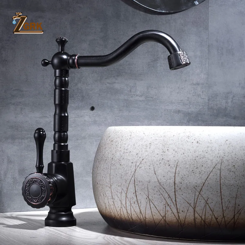 

Basin Faucets Oil Rubbed Bronze Black Bathroom Sink Mixer Tap 360 Rotate Single Handle Single Hole Hot and Cold Water Taps