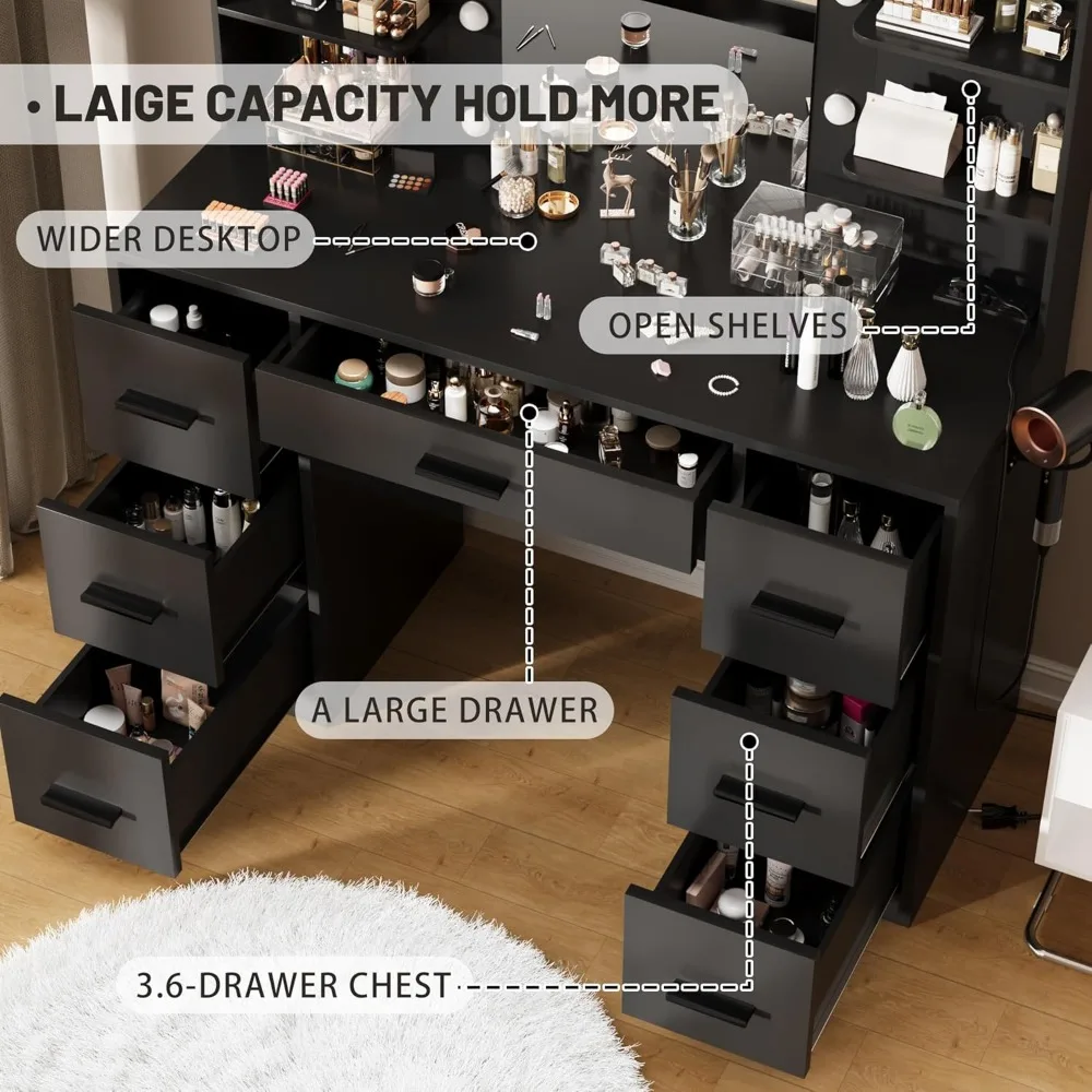 مكتب فانيتي مع مرآة وأضواء LED وطاولة مكياج بمنفذ طاقة مع 7 أدراج و6 أرفف تخزين #5