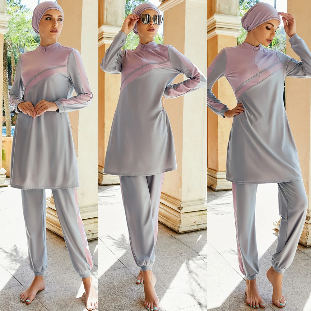 

Modest Full Cover 3pcs Muslim Sportswear Women Burkini Swimsuit Arabic Islamic Long Sleeve Top Pant Cap Set Swimwear Clothing