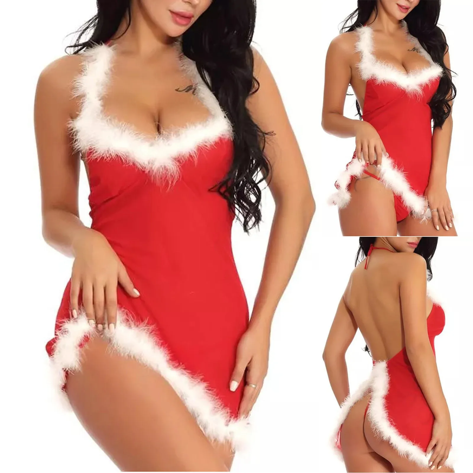 New Year Christmas Lingerie Set Plus Size Lace Transparent Nightwear Dress Women Sexy Cosplay Uniforms Erotic Costumes