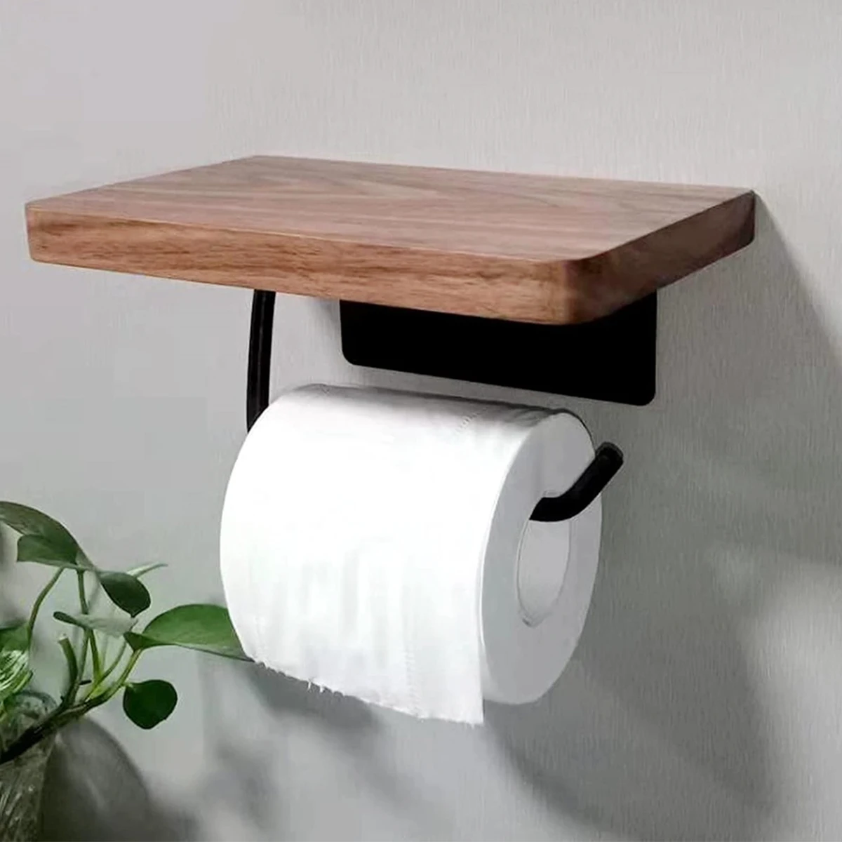 Toilet Paper Holder with Walnut Wooden Shelf Tissue Roll Hanger Wall Mounted Paper Towel Bar Stainless Steel Paper Towel Rack