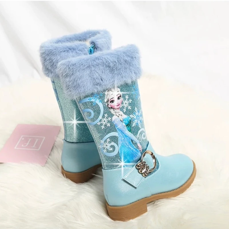 Disney leren meisjeslaarzen Winter Cartoon Frozen Laarzen Rits Hoge Pluche Prinses Elsa Laarzen Warme kinderlaarzen Maat 25-36