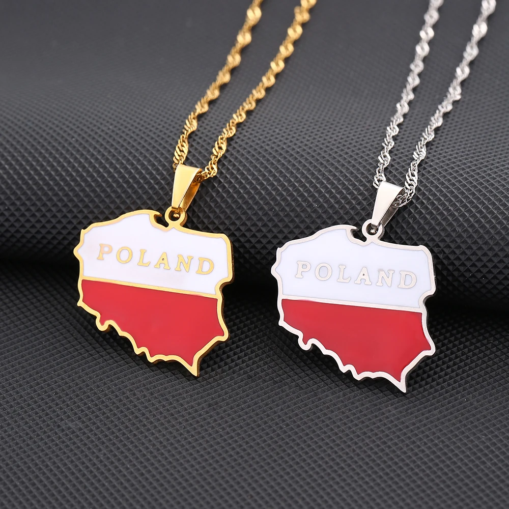 New Enamel Drop Oil Poland Map Flag Pendant Necklace For Women Girls Stainless Steel Jewelry Ethnic Birthday Party Gifts