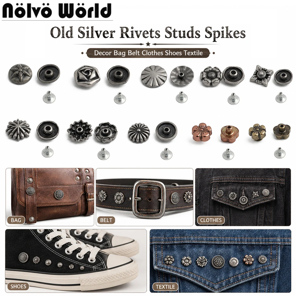 20/60/200PCS Old silver Heart Decorative Metal Button Rivet Fasteners For Bag Belt Cap Boots Dress Clothes Eyelet Accessories