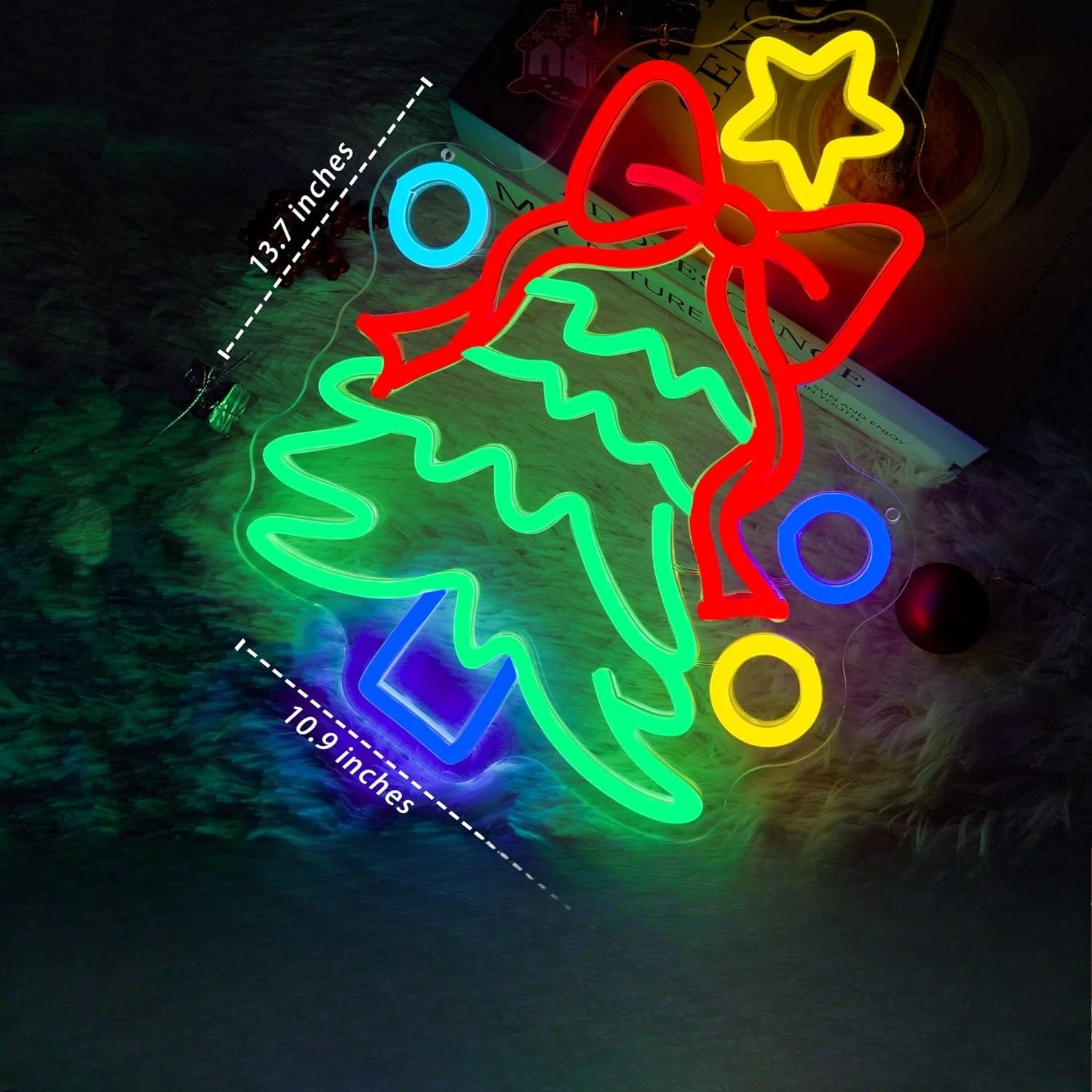 Christmas Tree Neon Sign Red Bow Star Ornament LED Wall Art Acrylic USB Dimmable Hanging Light for Xmas Holiday Home Decor