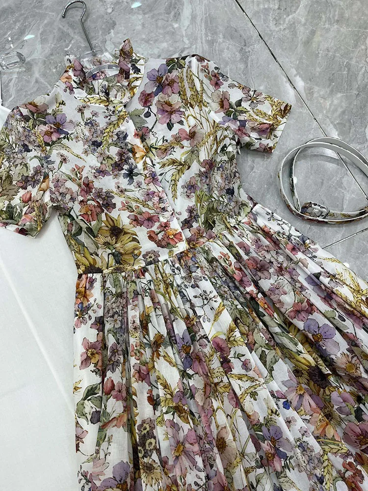 Imagem -05 - Vestido de Rua Alto Feminino Gola Alta Manga Curta Estampa Floral Emagrecimento Jovem Senhora Primavera Verão Moda