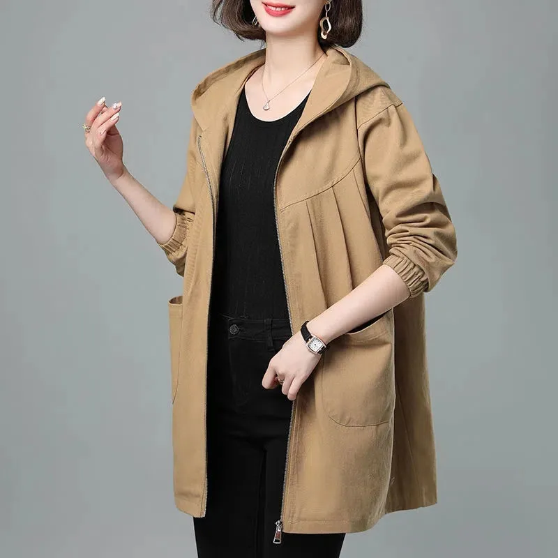 Double Layer Women Windbreaker 2023 New Spring Autumn Loose Mid-Length Hooded Trench Coat Mother Fashion Cotton Lining Tops 4XL