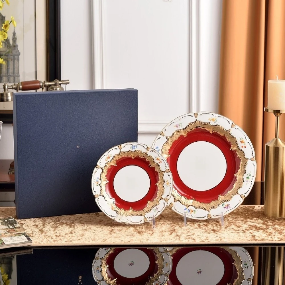European Porcelain Gilded Dinner Plate Set Luxury Gift Box for Home Includes Large Small Plates and Dessert Dishes Ceramic Plate