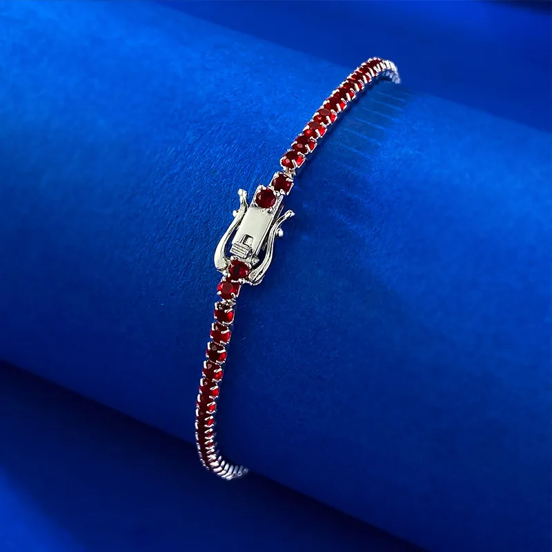 New S925 Silver Bracelet Women's European and American Pigeon Blood Red Tennis Chain Single Row Zircon Full Diamond Bracelet