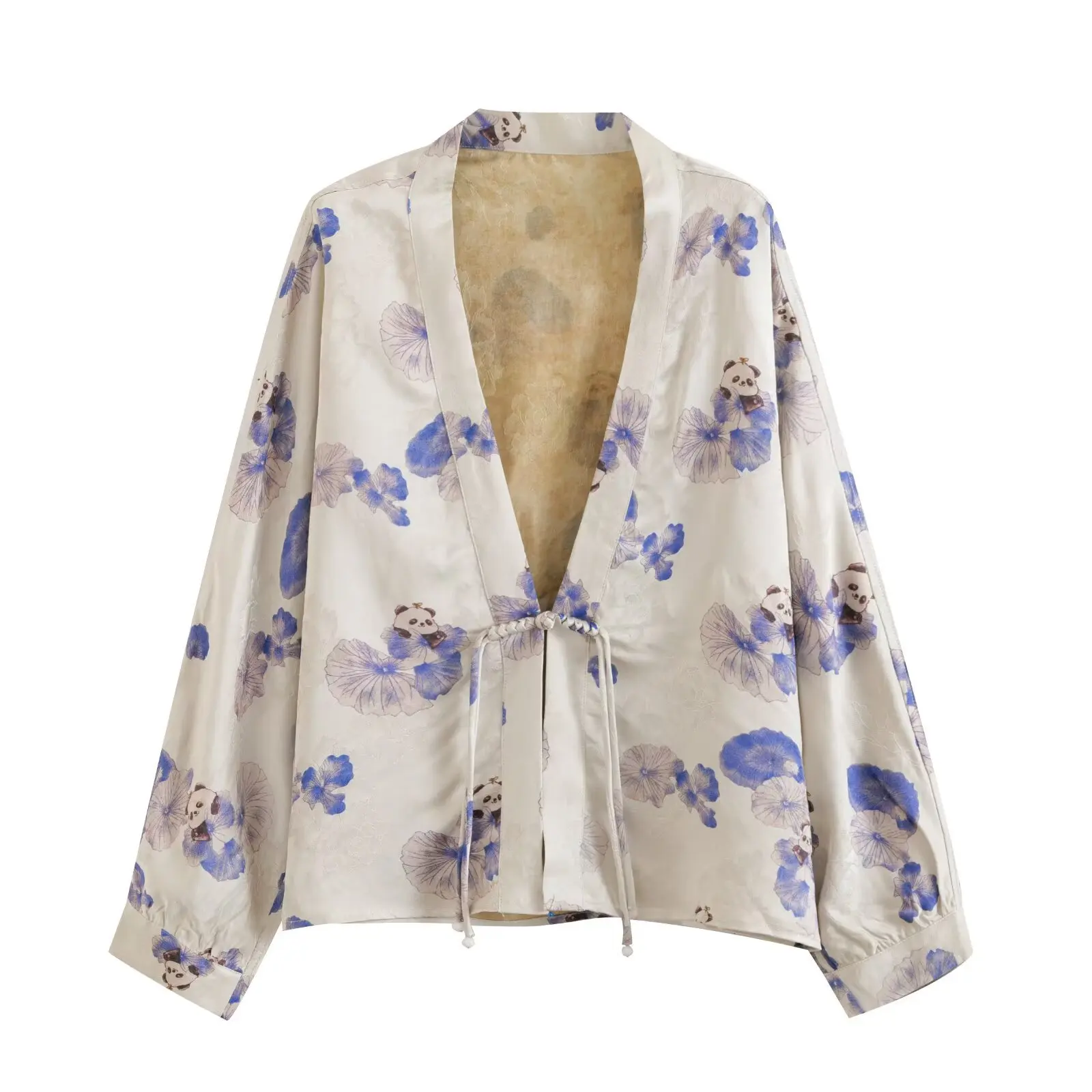 

Woman's Loose Printed Jacket V-neck Knot Buckle Long-sleeved Casual Commuter Elegant High Street Jacket Autumn New Chic Top