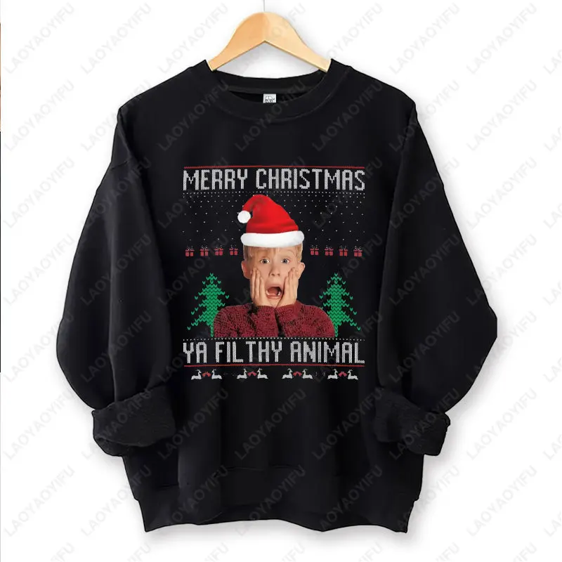 

Funny "Merry Christmas Ya Filthy Animals" Sweater Reindeer & Tree Print Pullovers Casual Christmas Matching Couple Outfits Tops