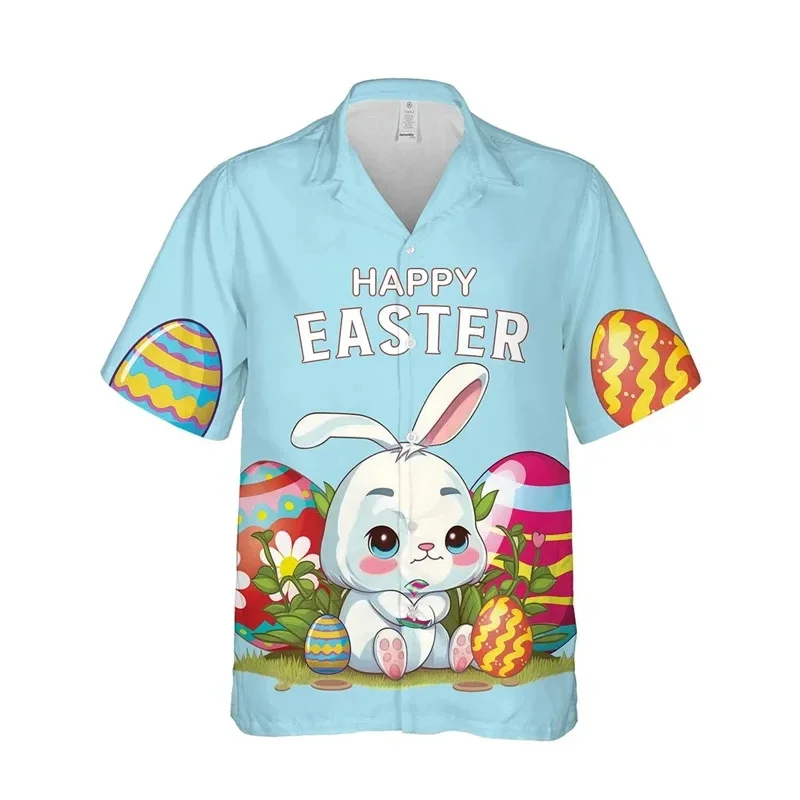 Summer New 3D Cute Rabbits Eggs Happy Easter Day Printing Shirts Children Fashion Funny Short Shirts Men Hawaiian Harajuku Tops