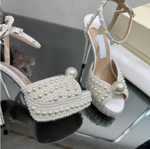 Luxury Women White Full Pearls Peep Toe Platform One Line Ankle Buckle Strap Thin Heels Summer Sandals Bride Wedding Shoes Lady