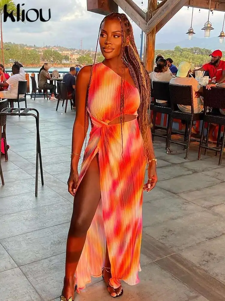 Kliou Tie Dye Maxi Dress Women Stunning Hollow Out Tank Style High Side Split Elegant Skinny New Outfits Female Street Vestido