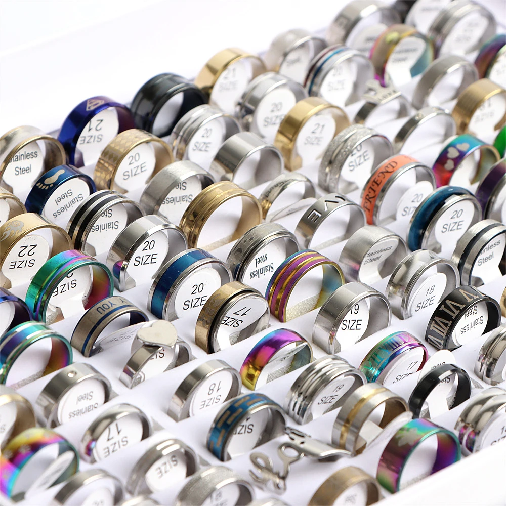 Bagues en acier inoxydable pour hommes et femmes, 50/100 pièces/Lot, bijoux à la mode, à rayures, Style mixte, taille mixte, cadeau de fête, vente en gros