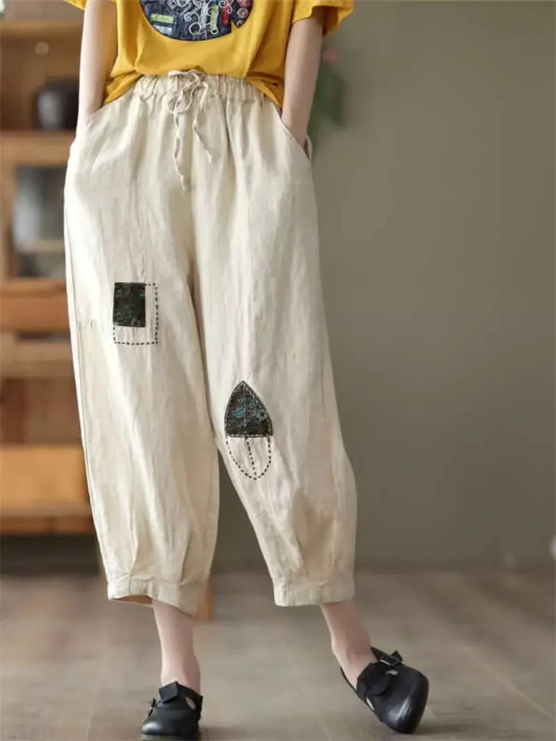 

Summer New Artistic Retro Linen Nine Point Casual Trousers Women Ethnic Style Elastic Waist Cotton Hemp Harem Pants K1920