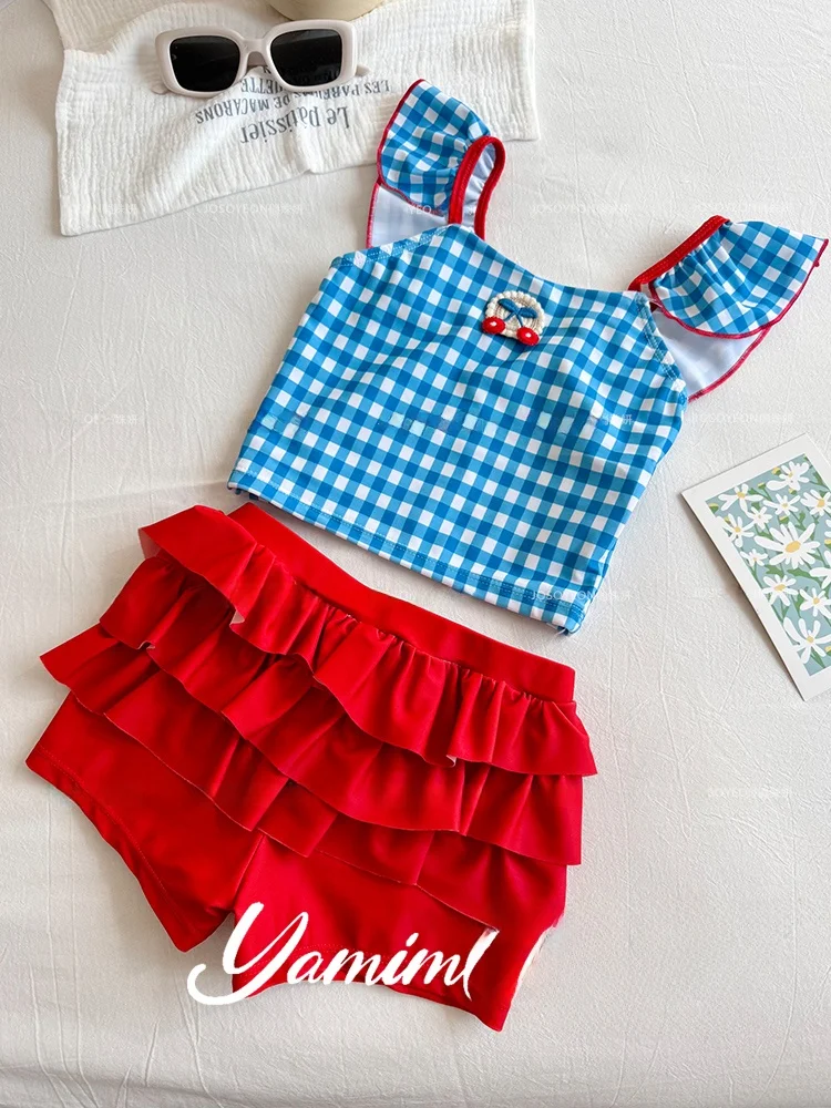 Girls' Swimming Suit Beach Vacation Princess Plaid Bikini Style Swimwear Children's Sport Fitness Fans Goods Cartoon Pattern