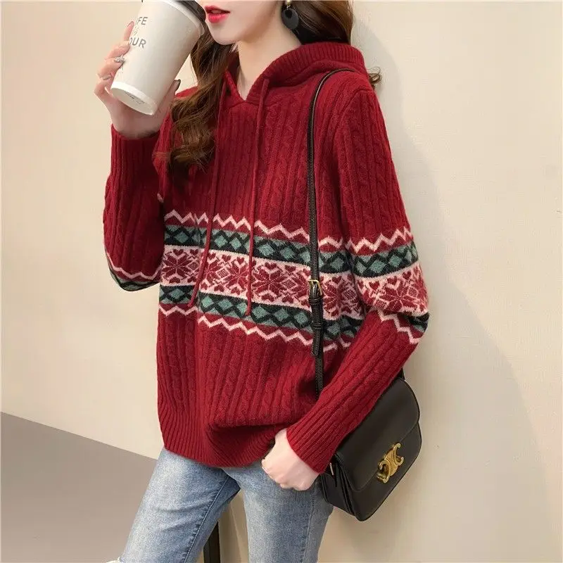 

2023 New Autumn and Winter Women's Long Sleeve Casual Hooded Pullover Knitted Top Vintage Stripe Sweater Loose X181