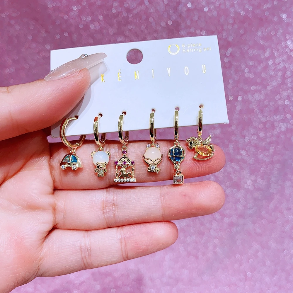 MIGGA 6pcs Mix Design Anime Cartoon Dangle Earrings Set Gold Color Cubic Zircon Women Girls Gift Jewelry