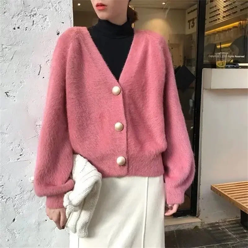 

Women Cardigans Sweaters Tops Coat Ladies Lazy Wind Mink Fur Knitwear Sweater Outwear Korean Female V-neck Knit Cardigan Jacket