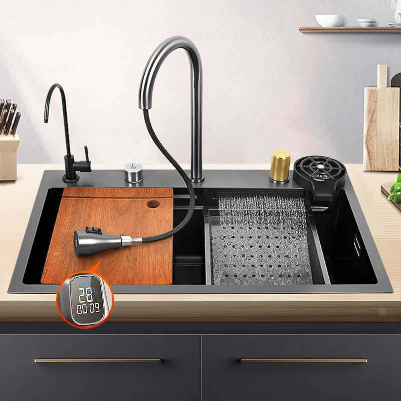 Waterfall Kitchen Sink Stainless Steel Sink Large Single Bowl Dishwashing Sink Kitchen Accessories Waterfall