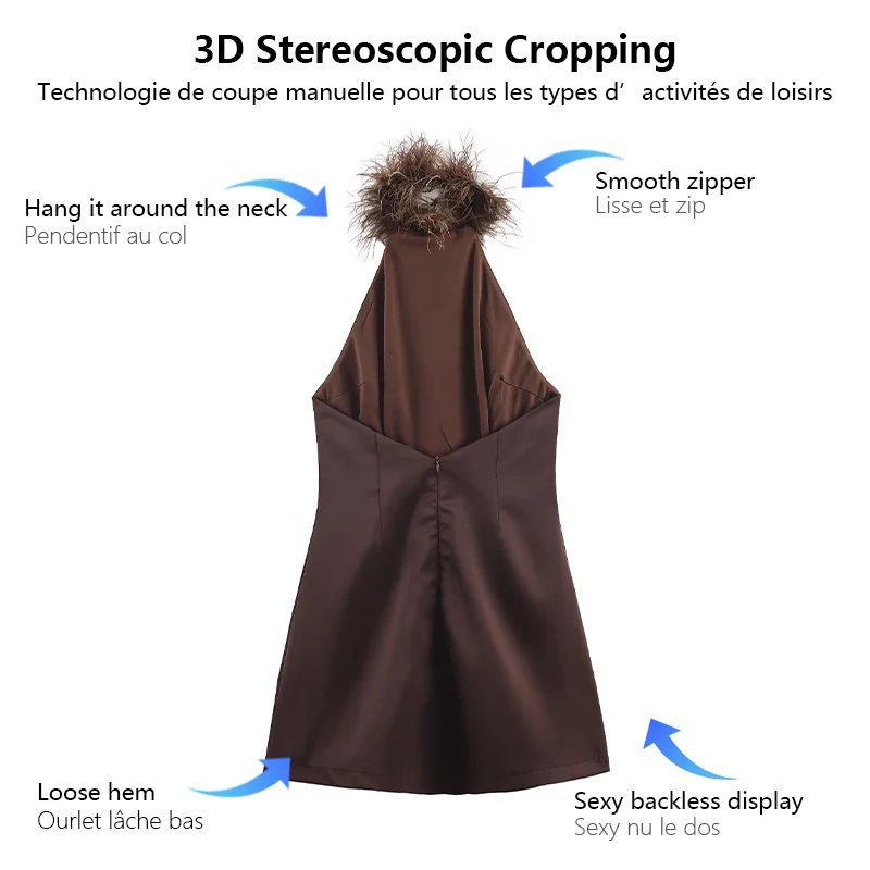 Womens Satin Halter Dress With Feather Neckline Fitted Backless Short Style Luxury Party Evening And Date Dress Womens Dresses