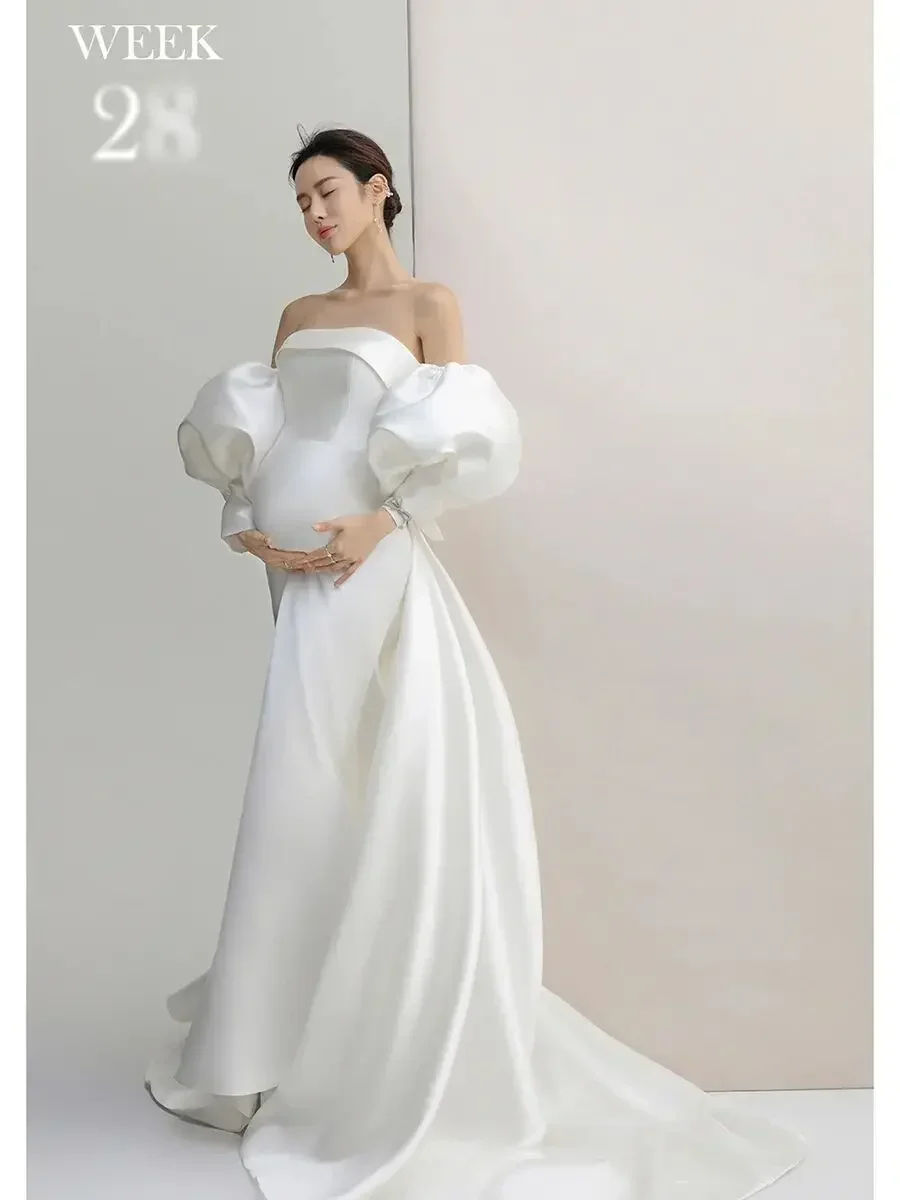 新しいスタジオ Gao Ding シンプルなサテン白威厳のある雰囲気のドレス妊娠中の写真撮影