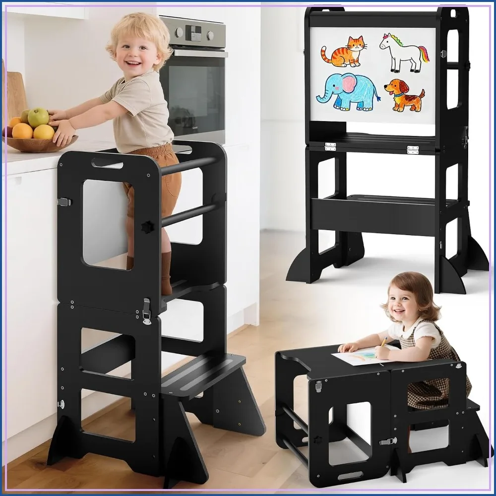

4-in-1 Toddler Kitchen Step Stool, Learning Standing Tower with Whiteboard, Wooden Kitchen Helper, Gift for 1-3 Year Old