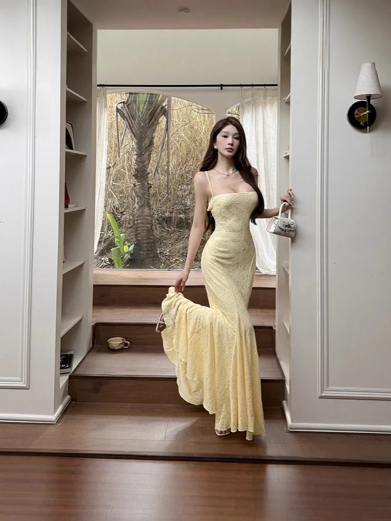 Korean Textured Back Strappy Design Backless Yellow Bodycon Skirt For Women Luxury High-end Slim-fit Evening Gown Parties Robe