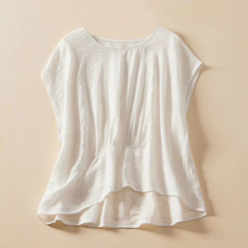 Summer Pleated Cotton and Linen Casual Women New Sleeveless T-shirt Vintage Round Neck Loose Solid Color Appear Thin Insert Tops