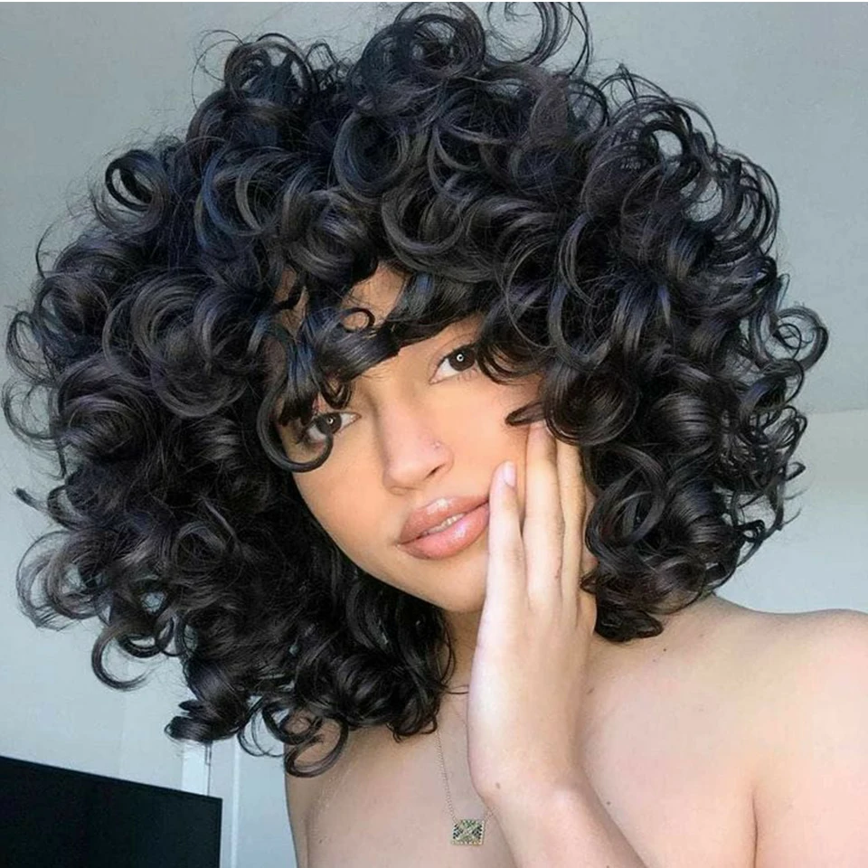 250% Bouncy Curly Bob Human Hair Wigs Loose Bouncy Rose Curly Wigs With Bangs Brazilian Remy Hair Machine Made Wig for Women
