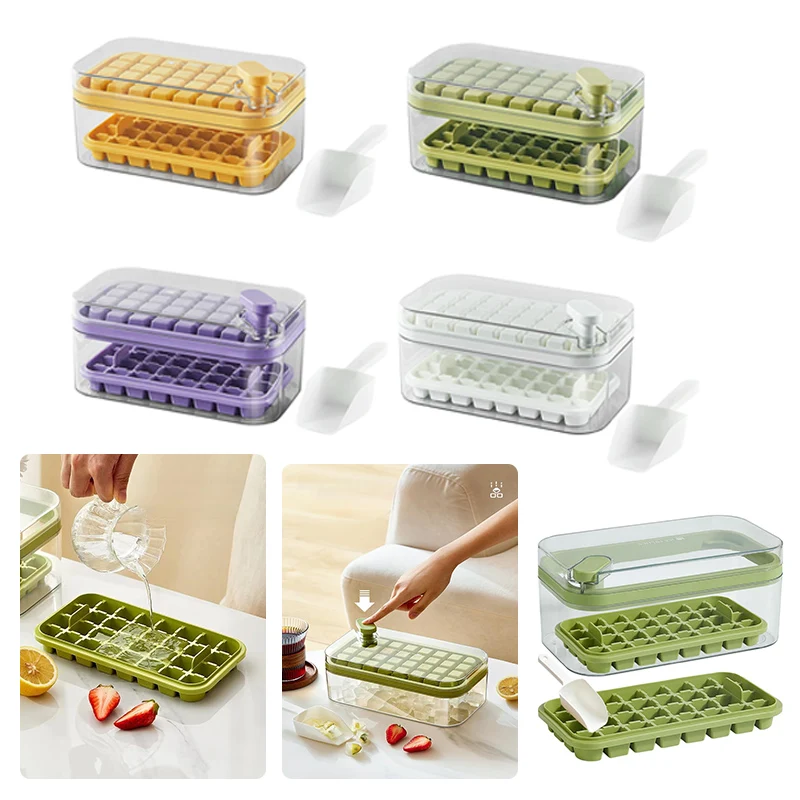 

Double Layers Ice Cube Maker Storage Box BPA Free Silicone Molds Easy Release Ice Tray with Shovel Brush Reusable Fast Freeze