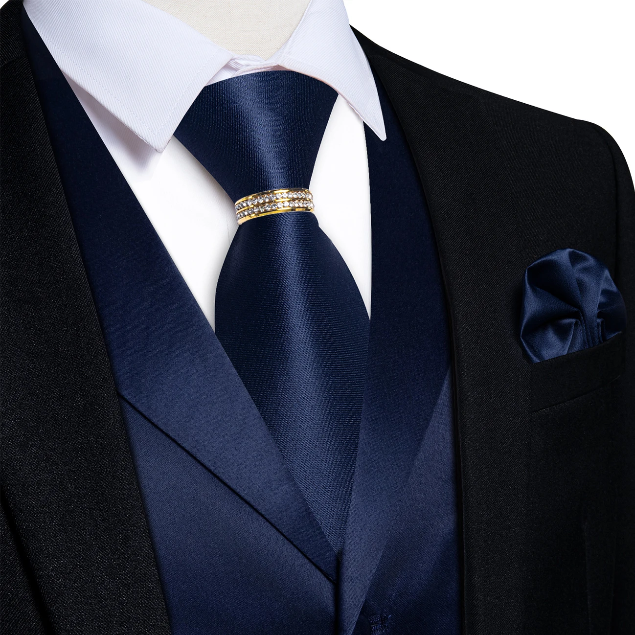 Navy Notch Lapel Solid Vest 5Pcs Set Tie Pocket Square Cufflinks Gold Ring For Business Meeting Formal Dinner