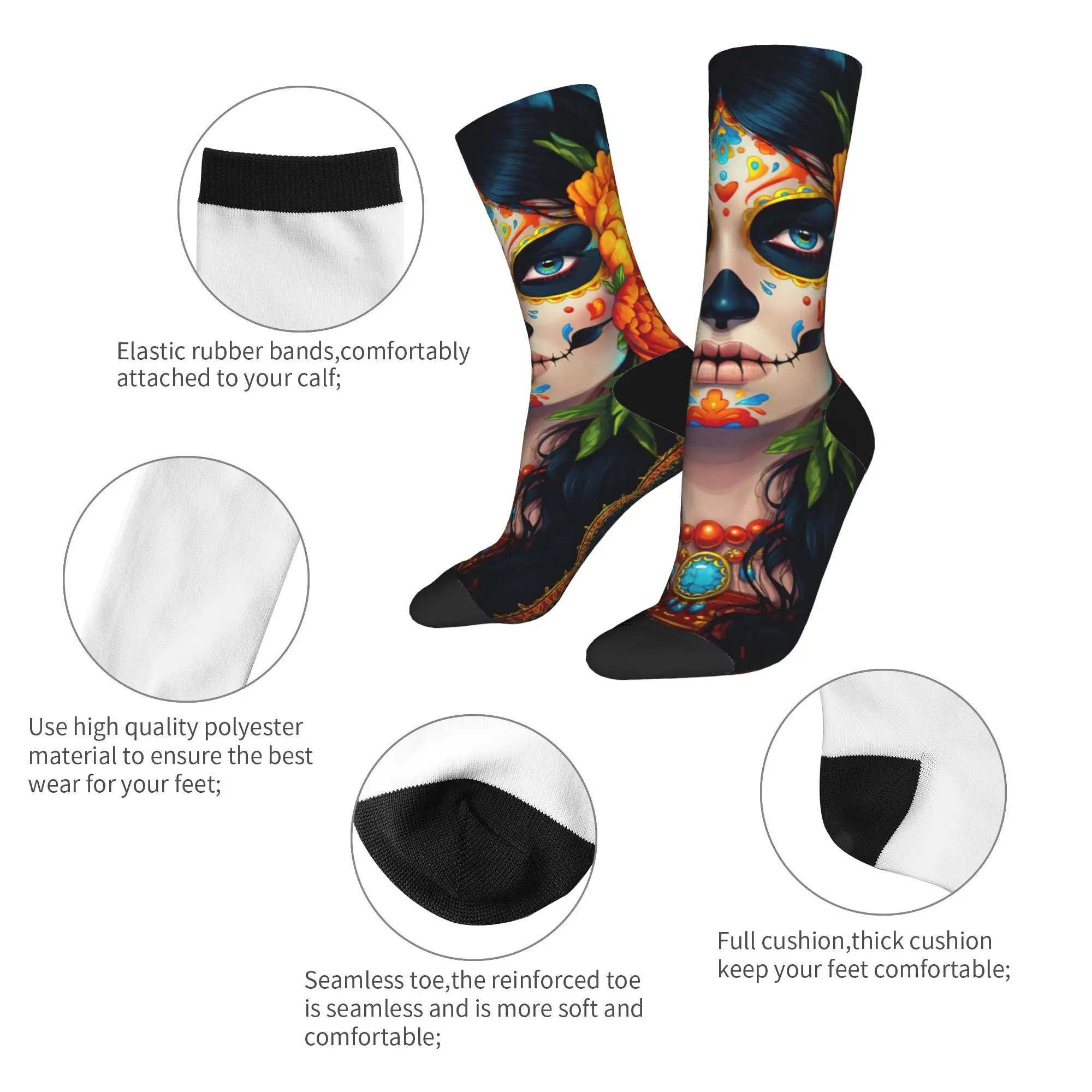 ฤดูหนาวผู้ชายที่มีสีสันอบอุ่นผู้หญิงกะโหลกศีรษะน้ําตาลฮาโลวีนถุงเท้า Santa Muerte เหงื่อดูดซับถุงเท้าฟุตบอล