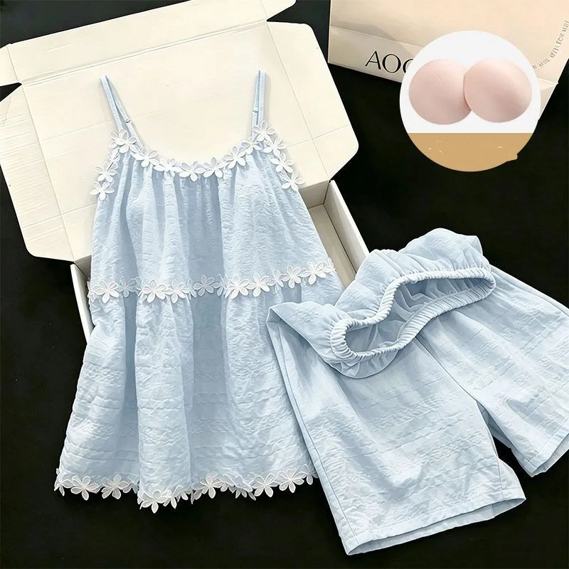 Women Summer Pajamas Set Spaghetti Strap Camisole Shorts Daisy Lace Trim 2 Piece Sleeveless Sleepwear Cute Loungewear Nightwear