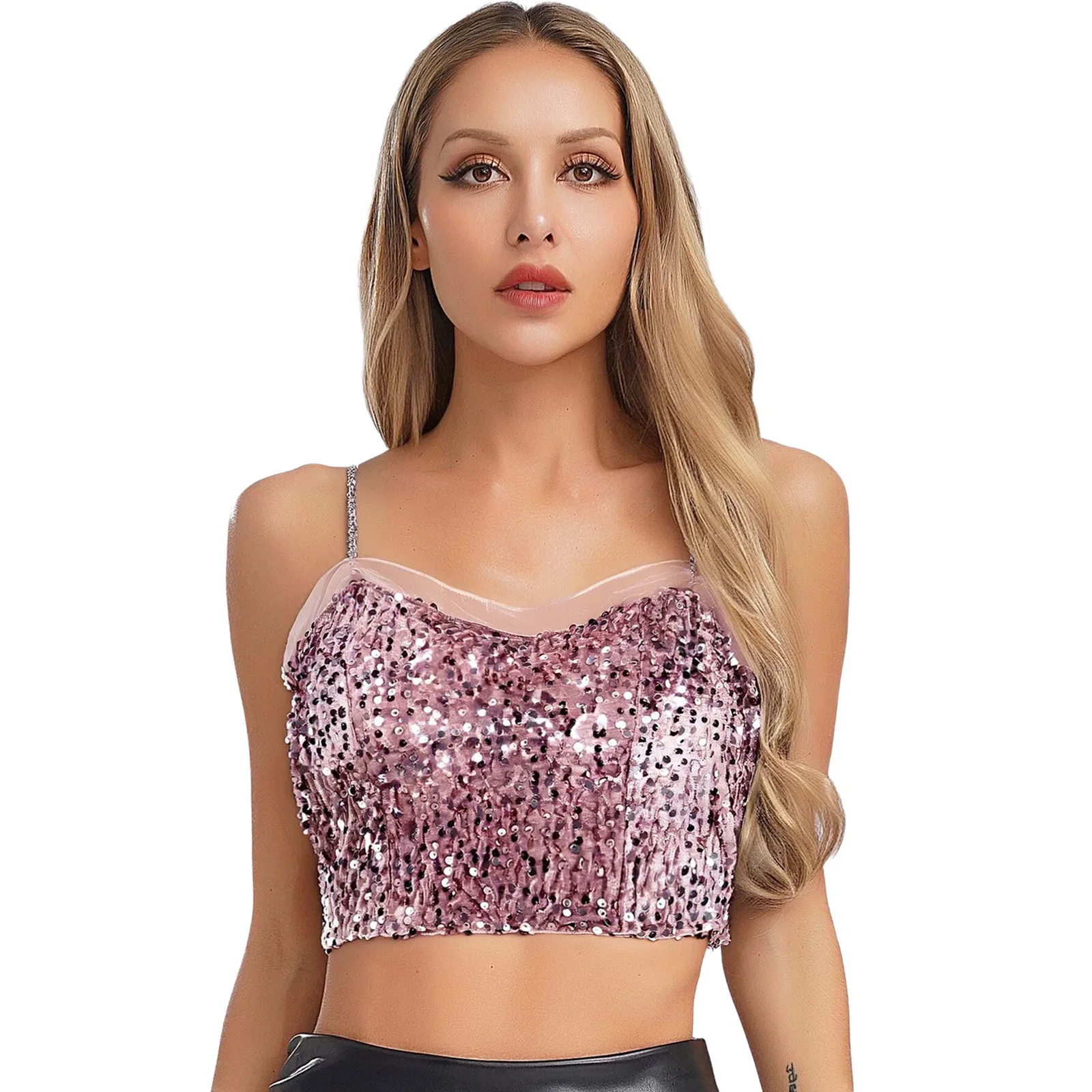 

Fashion Women Sparkly Sequined Camisole Clubwear Party Chain Shoulder Straps Elastic Back Built-in Pad Crop Tops Tank Tops