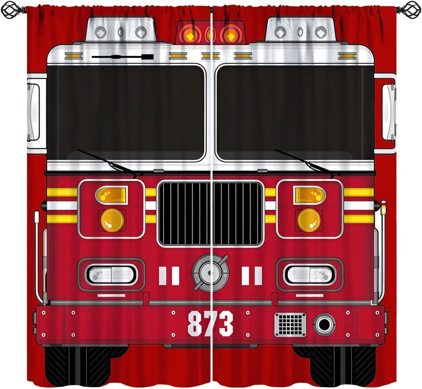 Fire Truck Window Curtains, Red Fire Engine Front Print Drapes with Number 873, Firefighter Theme Decor for Kids Boys Bedroom