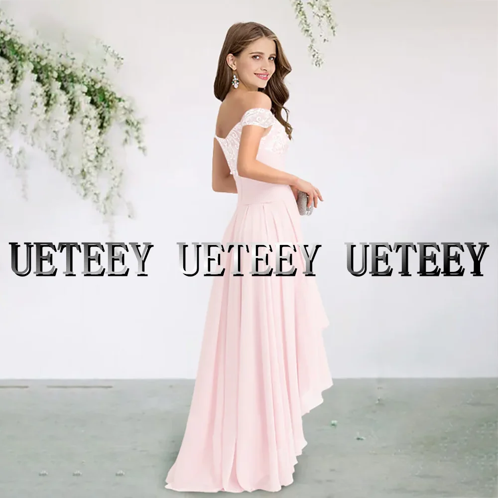 UETEEY Blush Pink Bridesmaid Dress Off Shoulder Short Sleeve Asymmetrical Chiffon 2022 High Low Wedding Party Gowns Brush Train