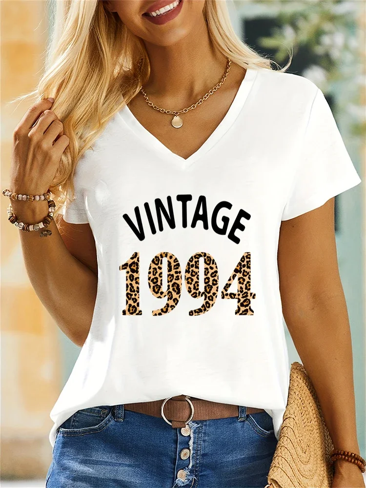  Fashion Leopard Vintage 1994 Tshirt Print For Casual Women Clothes Short Sleeve Shirt Birthday Style Harajuku V-neck T Shirts