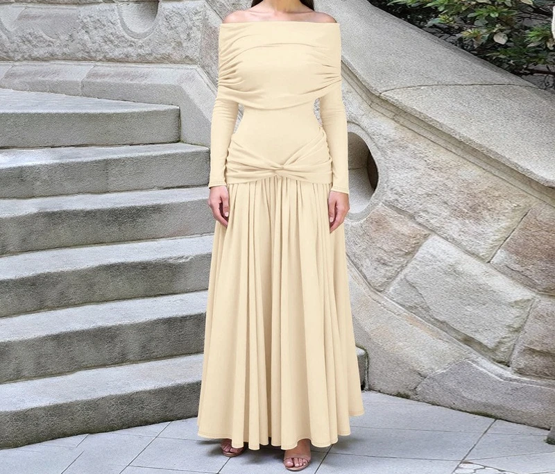 

Women's 2026 Autumn New Product Fashionable One Word Collar Waist Pleated Long Sleeve Dress