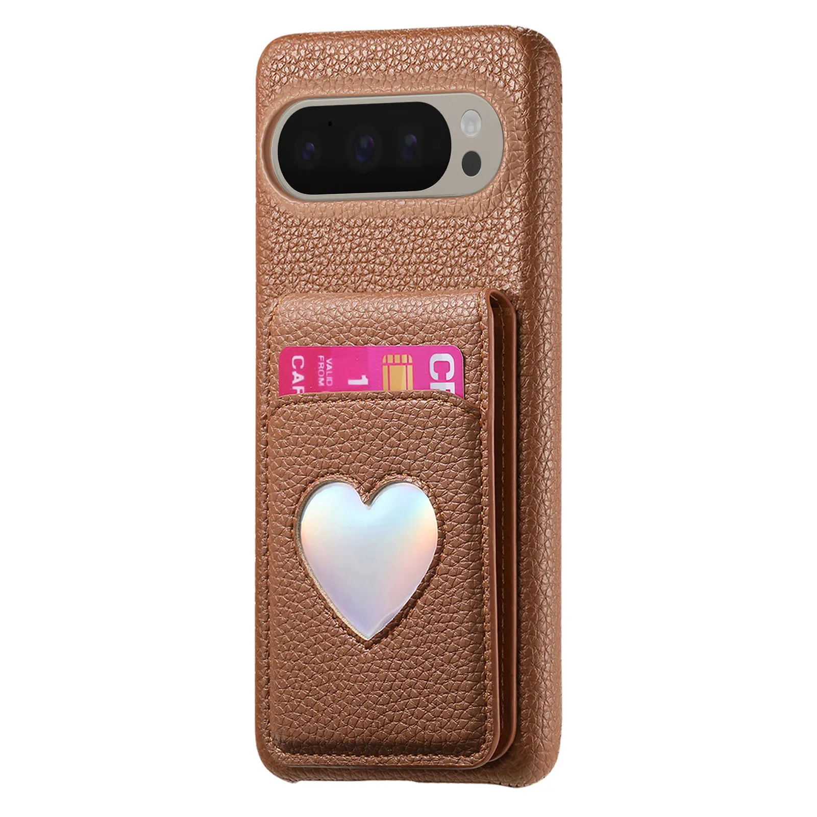 ライチ柄 ハート型ミラー付き スマホホルダー 財布型 レザーケース Google Pixel 10 Pro XL 9A 9 8 8A用 耐衝撃 スリムカバー