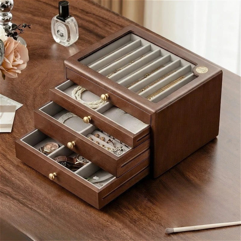 Dustproof Jewelry Box Solid Wood Retro Jewelry Boxes Large Capacity Gold Necklace Organizer Boxes Luxury Bracelet Ring Cases