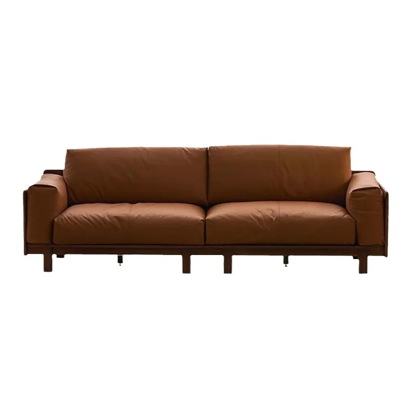 Nordic black walnut sofa all solid wood leather first layer cowhide light luxury modern simple living room small apartment sofa