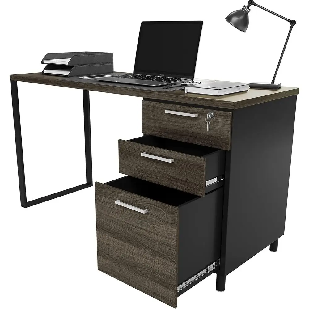 

48 Inch Grey and Black Industrial Style Desk with 3 Locking Drawers, Filing Cabinet and Storage