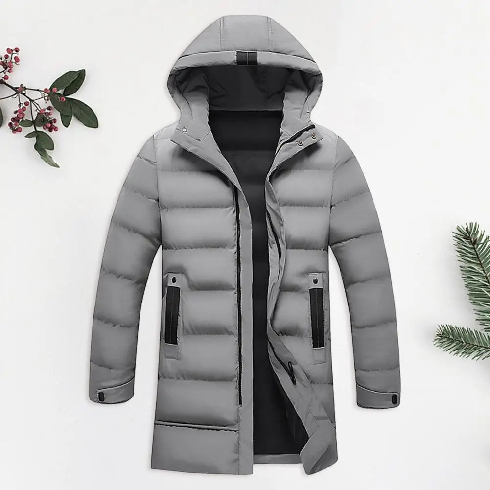 

Men Cotton Coat Hooded Long Sleeve Pockets Long Down Jacket Zipper Placket Solid Color Pockets Thickened Trench Casual Outwear