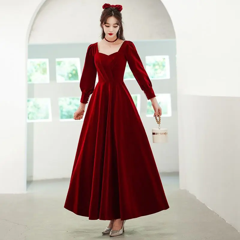 Robe de Soirée Rouge Vin à Plis Carré, Tenue de Cérémonie à Manches sulf, Dos aux, Tempérament Simple, Nouvelle Collection 2024