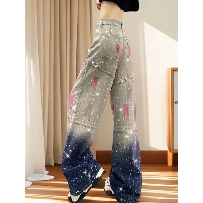 Spring and Autumn 2026 New Starry Sky Gradual Change Sequins Wide Legs Gypsy Stars Hot Diamonds Shiny Straight Mopping Jeans
