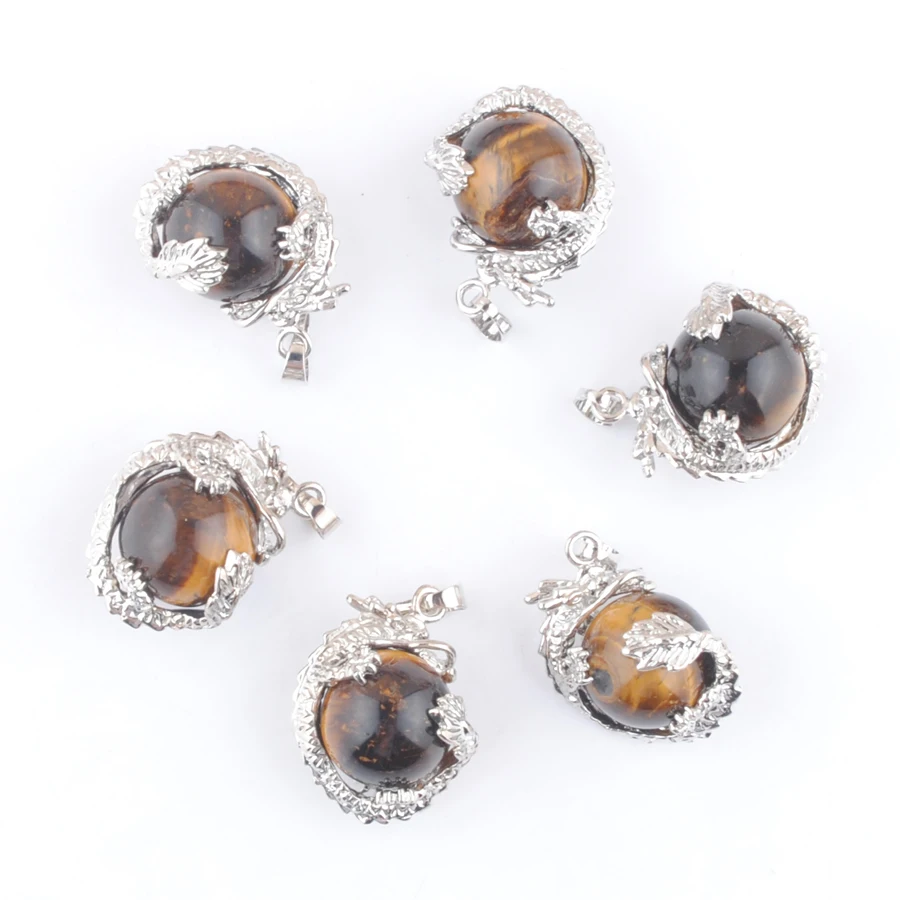 5Pcs Natural Tiger's Eye Stone Round Ball Bead Pendants Dragon Wrap Reiki Chakra Healing Amulet Jewelry Thanksgiving Gift EN3137