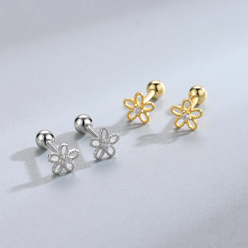 Screw Stud Earrings For Women Copper Silver Plating Trendy Zircon Flower Star Butterfly Cartilage Ear Piercing Jewelry Accessory