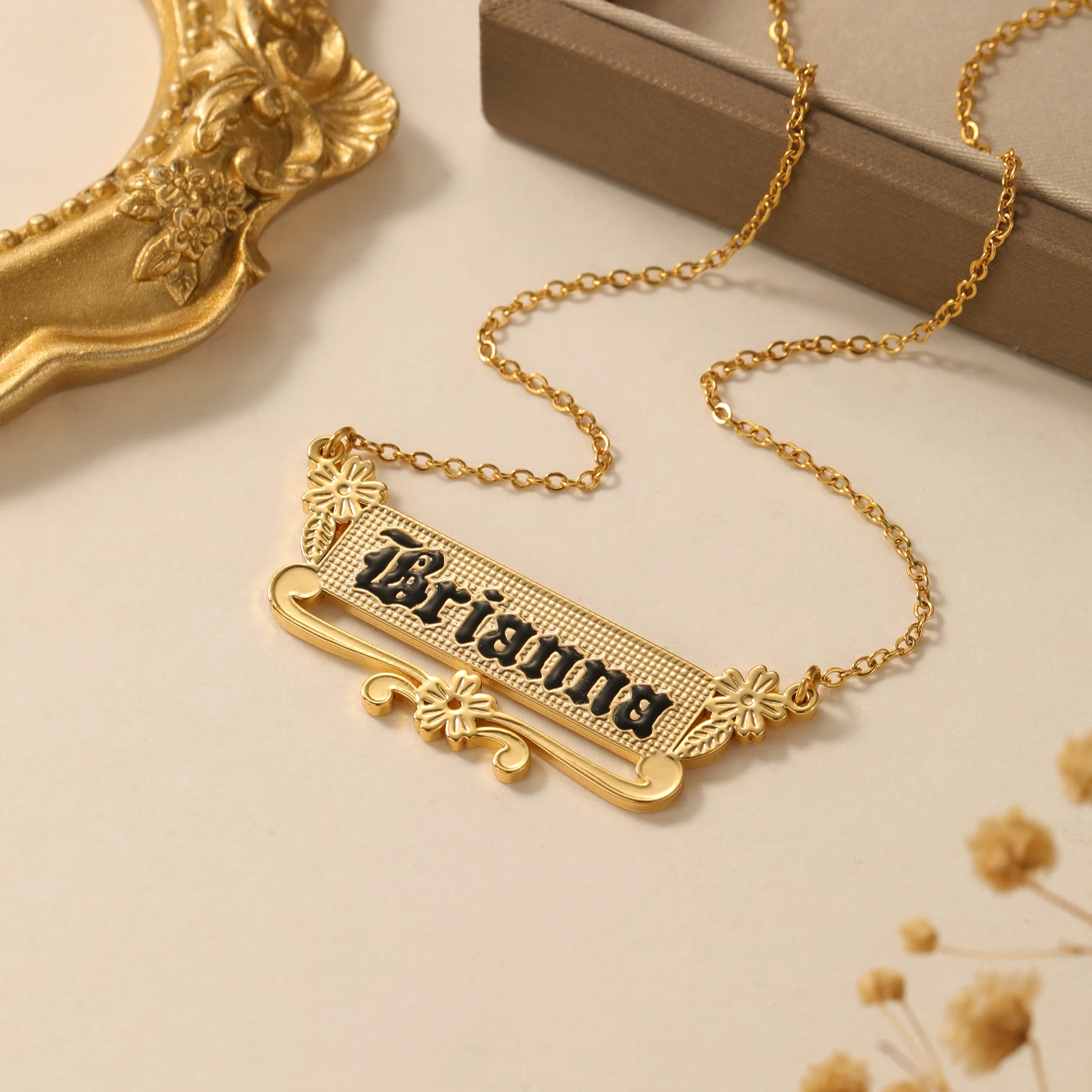 Custom Name Necklace Square Plaque Etched Pattern Vintage English Black Enamel Filled Stainless Steel 18K Gold Plated Women Gift
